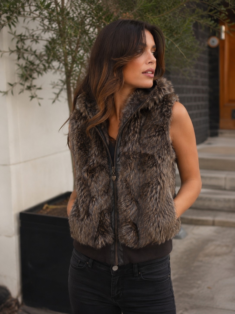 Forever 21 Brown Faux Fur Hooded Vest
